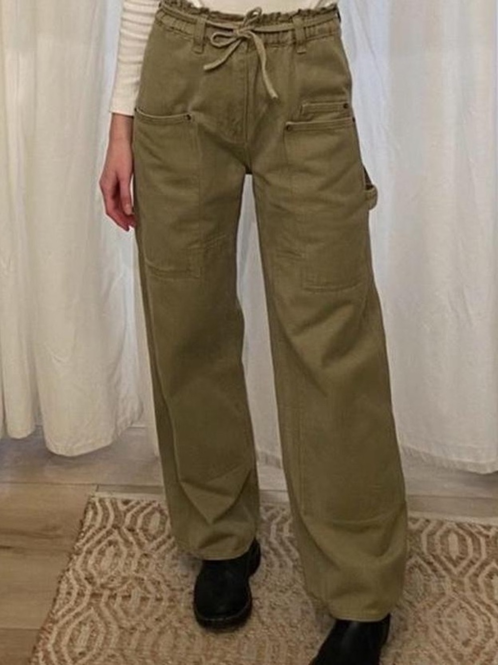 Baggy Wide-Leg Utility Pants in Olive Tan